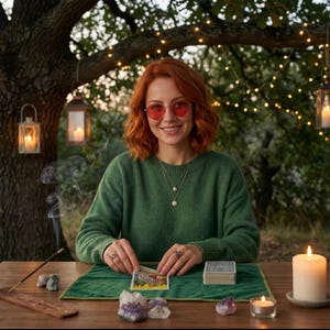 K&ouml;nnte beinhalten: Eine Frau mit roten Haaren und rosa Sonnenbrille sitzt an einem Holztisch und h&auml;lt eine Tarotkarte. Auf dem Tisch liegen eine gr&uuml;ne Matte, Kristalle, Kerzen und ein Kartenspiel. Laternen und Lichterketten h&auml;ngen im Hintergrund und schaffen eine mystische Atmosph&auml;re.