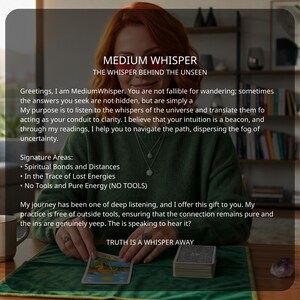 K&ouml;nnte beinhalten: Das Bild zeigt eine Frau mit roten Haaren in einem gr&uuml;nen Pullover, die eine Tarotkarte h&auml;lt. Der Text "MEDIUM WHISPER" und "TRUTH IS A WHISPER AWAY" sind zu sehen. Ein Kartenspiel und ein violetter Kristall sind ebenfalls vorhanden.