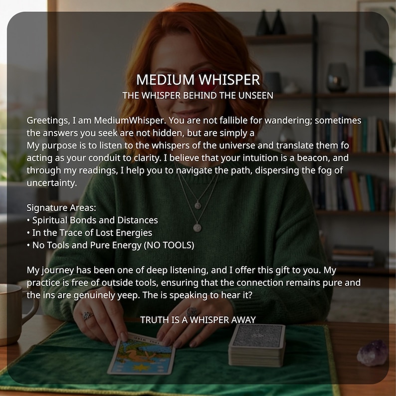 K&ouml;nnte beinhalten: Das Bild zeigt eine Frau mit roten Haaren in einem gr&uuml;nen Pullover, die eine Tarotkarte h&auml;lt. Der Text "MEDIUM WHISPER" und "TRUTH IS A WHISPER AWAY" sind zu sehen. Ein Kartenspiel und ein violetter Kristall sind ebenfalls vorhanden.