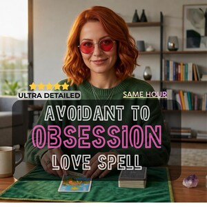May include: A woman with red hair and pink glasses sits at a table with a green cloth, holding a tarot card. The image text says "Avoidant to Obsession Love Spell", "Ultra Detailed" and "Same Hour". A deck of cards and a mug are also on the table.