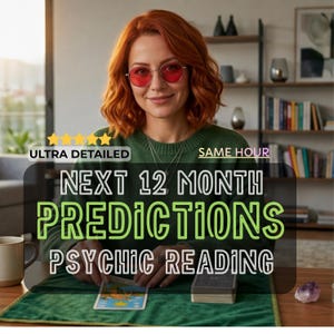 Könnte beinhalten: Eine Person mit roten Haaren und rot getönten Gläsern sitzt an einem Tisch und hält eine Tarotkarte. Das Bild enthält den Text "Ultra Detailliert", "Gleiche Stunde", "Nächste 12 Monate Vorhersagen Hellseherische Lesung". Eine Tasse und ein Kartenspiel sind ebenfalls sichtbar.