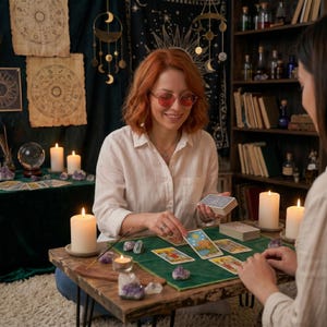 K&ouml;nnte beinhalten: Eine Frau mit roten Haaren und rosafarbener Brille liest Tarotkarten mit einer anderen Person. Die Szene ist mit Kerzen, Kristallen und astrologischen Karten geschm&uuml;ckt und schafft eine mystische Atmosph&auml;re. Ein Holztisch tr&auml;gt die Karten und eine gr&uuml;ne Matte.