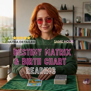 Könnte beinhalten: Eine Person mit rotem Haar und rot getönter Brille trägt einen grünen Pullover. Text: ULTRA DETAILED, SAME HOUR, DESTINY MATRIX & BIRTH CHART READING. Eine Tarotkarte und ein Kartendeck liegen auf einer grünen Matte neben Tasse und Kristall.