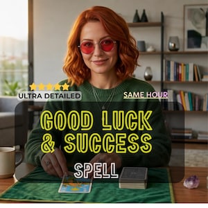 May include: A person with red hair and glasses sits at a table with a green cloth, holding a tarot card. The text "GOOD LUCK & SUCCESS SPELL" is displayed in yellow. A mug and a deck of cards are also on the table.