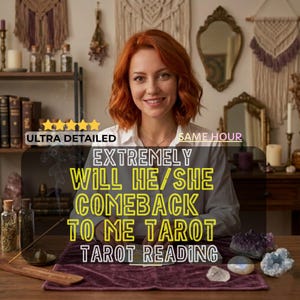 Op de afbeelding: Een persoon met rood haar op schouderlengte draagt een lichtgekleurd overhemd met kraag. De tekst luidt: ULTRA DETAILED, SAME HOUR, EXTREMELY WILL HE/SHE COMEBACK TO ME TAROT TAROT READING. Een paarse doek, kristallen en wierook liggen op tafel.
