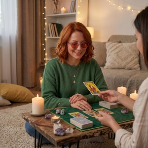 K&ouml;nnte beinhalten: Zwei Personen sitzen an einem Holztisch und f&uuml;hren eine Tarotkartenlesung durch. Der Tisch ist mit einem gr&uuml;nen Tuch bedeckt und mit Kerzen, Kristallen und Tarotdecks geschm&uuml;ckt. Eine Person h&auml;lt eine Karte, die andere l&auml;chelt.