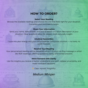 K&ouml;nnte beinhalten: Eine digitale Grafik mit dem Text &bdquo;WIE BESTELLEN?&ldquo; und Anweisungen f&uuml;r eine personalisierte Lesung. Der Text enth&auml;lt Schritte wie die Auswahl einer Lesung, das Teilen von Informationen und den Erhalt der Lesung per Etsy-Nachricht oder E-Mail. Die Grafik ist lila und gr&uuml;n.