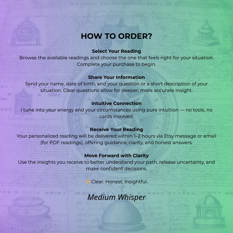 K&ouml;nnte beinhalten: Eine digitale Grafik mit dem Text &bdquo;WIE BESTELLEN?&ldquo; und Anweisungen f&uuml;r eine personalisierte Lesung. Der Text enth&auml;lt Schritte wie die Auswahl einer Lesung, das Teilen von Informationen und den Erhalt der Lesung per Etsy-Nachricht oder E-Mail. Die Grafik ist lila und gr&uuml;n.