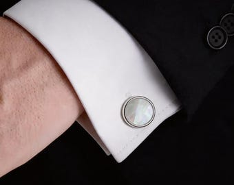 Trendy Minimalist Round Natural White Mother of Pearl Cufflinks Silver Gold Cuff Links Men's Gift Groom Best Man Wedding Accessories