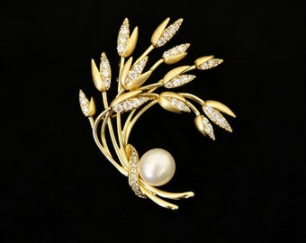 Broche de trigo com pérola natural, zircônia e ouro, elegante joia botânica para presente.