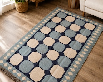 Zuidwesters wollen jute tapijt, Azteekse geometrische dhurrie, tribal handgeweven kelim tapijt, vintage boho vloerkleed voor woonkamer