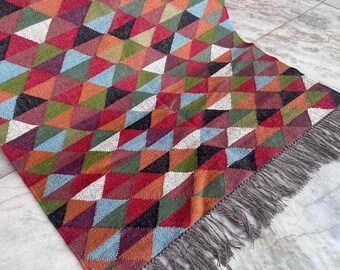 Vintage Wool Jute Kilim Rug – Handwoven Southwestern Dhurrie, Custom Size Traditional Area Carpet, Flatweave kilim home decor  jute rug