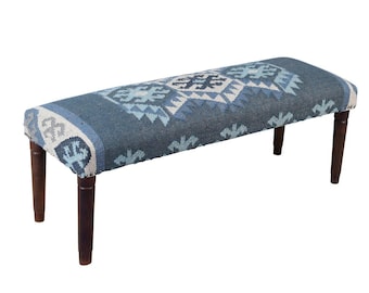 Handmade Kilim Bench | Vintage Tribal Upholstered Ottoman Seat | Boho Entryway Bedroom Bench |