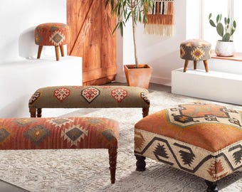 Handmade Kilim Upholstered Bench – Mid Century Boho Entryway Seat, Solid Mango Wood