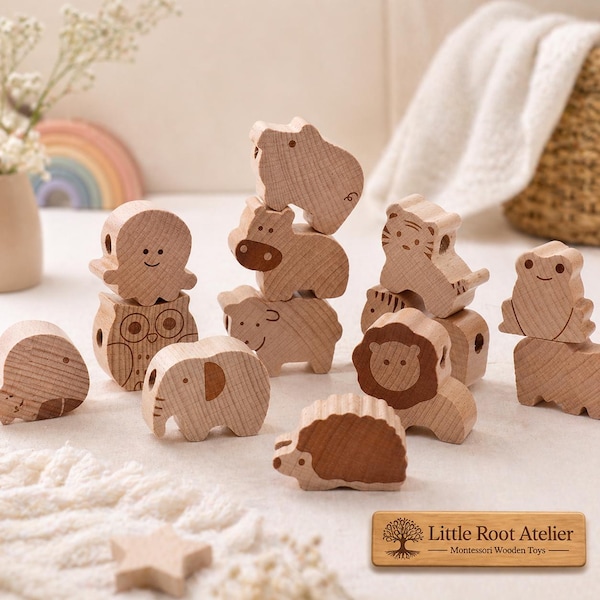 Wooden Animal Blocks Set, Natural Wood Stacking Toy, Waldorf Inspired Toddler Toy, Fine Motor Skills, Sensory Play