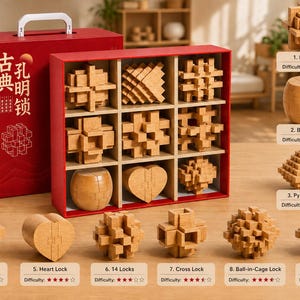 Può includere: Un set di puzzle in legno con vari design ad incastro, tra cui cubi, croci e forme di cuore. Il set include una scatola rossa con caratteri cinesi e una maniglia bianca, con livelli di difficoltà.