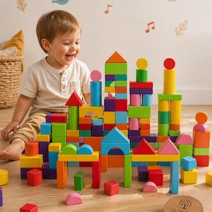 Juego de bloques de madera Montessori de 100 piezas / Juguete de apilamiento y construcción arcoíris / Formas geométricas / Regalo para niños pequeños