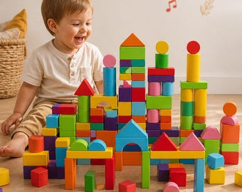 Set houten montessoriblokken 100 delig | Regenboog stapel- en bouwspeelgoed | Geometrische vormen | Peutercadeau