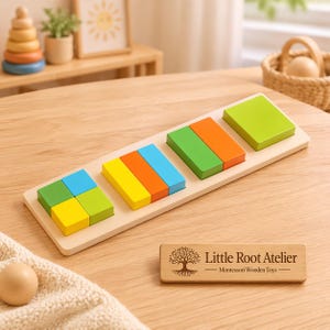 May include: Wooden Montessori toy featuring a light-colored rectangular base with colorful geometric shapes. The shapes are arranged in a row and include squares and rectangles in green, blue, orange, and yellow. The toy is branded "Little Root Atelier - Montessori Wooden Toys".