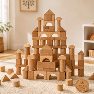 Könnte beinhalten: Ein Holzbaustein-Set, das zu einem Schloss aufgebaut wurde, mit Würfeln, Bögen und dreieckigen Dachformen. Die Blöcke sind hellbraun und liegen auf einem cremefarbenen Teppich. Ein Holzschild mit dem Text "Little Root Atelier" befindet sich im Vordergrund.