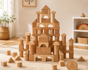 Juego de bloques de construcción de madera hechos a mano / Juguete Montessori / Madera natural /