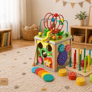 Puede incluir: Un cubo de actividades de madera con cuentas, engranajes y formas coloridas. También hay una tabla de clavijas de madera con clavijas de colores y juguetes de frutas de madera. Los juguetes están sobre una alfombra color crema en una habitación luminosa.