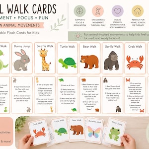 May include: Set of printable flash cards for kids featuring animal-inspired movements. Each card displays a different animal, such as a butterfly, snake, or bunny, with instructions for the corresponding movement. The cards are designed to encourage movement and focus.
