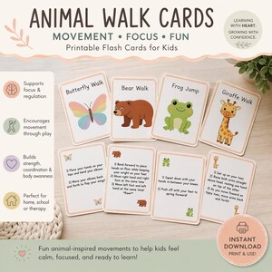 May include: Set of printable flash cards for kids featuring animal-inspired movements. Cards include illustrations of a butterfly, bear, frog, and giraffe, with instructions for each movement. The cards promote focus, movement, and fun.