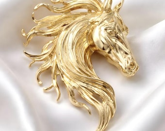 Broche de caballo dorado, elegante broche con cabeza de caballo, accesorio espectacular