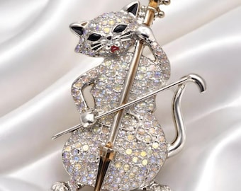 Cat Musician Brooch With Crystals Silver Cello Stylish Decoration