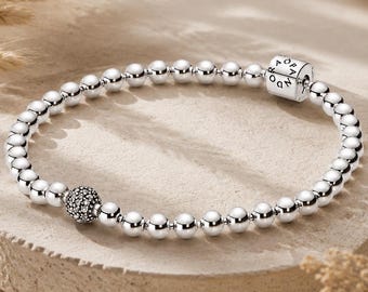 Pandora Sterling Silver Beaded Bracelet with Pavé Clip Charm, Minimalist Ball Chain Bracelet, Gift for Her