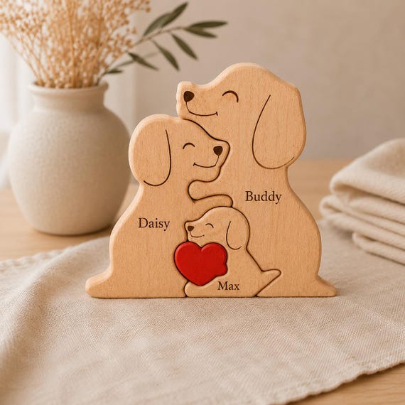A wooden family portrait made of dog silhouettes with each pet's name — a weirdly specific, delightful gift that pet families will genuinely love.