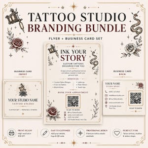 May include: A tattoo studio branding bundle featuring a flyer and business card set with cream backgrounds and dark brown text. Illustrations include a tattoo machine, a snake, and roses. The text reads Tattoo Studio Branding Bundle, Ink Your Story, and includes placeholders for contact details and QR codes.