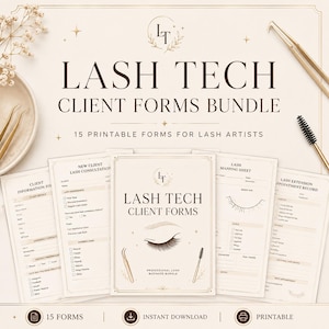 May include: A Lash Tech Client Forms bundle featuring 15 printable documents for lash artists. The set includes consultation, mapping, and appointment record sheets with elegant typography, gold accents, and illustrations of lashes, tweezers, and spoolies.