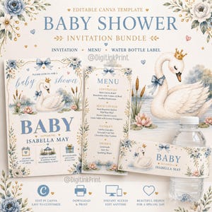 Inbjudningspaket med svan-babyshower, mall för akvarellblå guldblommor (nedladdning direkt)