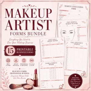 May include: A makeup artist forms bundle featuring 15 printable business documents including a consultation form, face chart, booking tracker, and appointment schedule. The design uses a soft pink colour palette with dark red text and graphics.