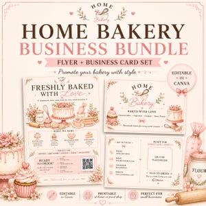 Puede incluir: Un conjunto de plantillas Home Bakery Business Bundle que incluye un folleto y tarjetas de visita con ilustraciones en rosa y marrón de pasteles, cupcakes y utensilios de repostería. El texto incluye Home Bakery Business Bundle, Freshly Baked With Love y marcadores de posición editables para información de contacto y códigos QR.