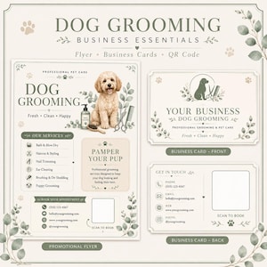 Puede incluir: Un conjunto de artículos esenciales para negocios de peluquería canina que incluye un folleto promocional y tarjetas de visita. El diseño presenta un fondo claro con hojas de eucalipto verdes, huellas y una ilustración de un perro. El texto incluye Dog Grooming, Our Services y datos de contacto con un espacio para código QR.