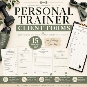 May include: A set of 15 printable personal trainer client forms featuring a health questionnaire, fitness goals assessment, workout planner, and progress tracker. The document set includes a clipboard, a 10 lb dumbbell, and a water bottle.