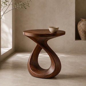 Puede incluir: Una mesa auxiliar de madera de color marrón oscuro con una superficie circular lisa y una base escultural retorcida que forma un bucle abierto y continuo. Un pequeño cuenco de cerámica de color claro se asienta en el centro de la mesa.