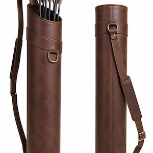 May include: A cylindrical brown leather quiver featuring a long adjustable shoulder strap with a padded section and brass hardware. The quiver is shown from two angles, one containing several black arrows with light-colored fletching.