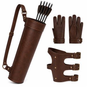 May include: A brown archery set consisting of a cylindrical quiver containing five black-fletched arrows, a pair of brown gloves with wrist straps, and a brown arm guard featuring three adjustable brass-toned buckles and metal rivets.