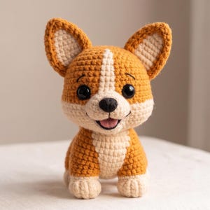 May include: A crocheted stuffed animal shaped like a Corgi dog. The toy features golden-brown and cream-colored yarn, large black plastic eyes, a small black nose, and a stitched mouth with a pink tongue visible. It has upright pointed ears.