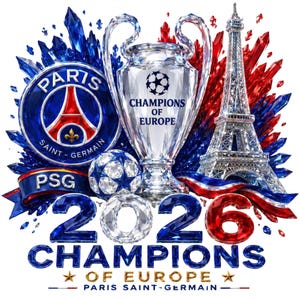 May include: A graphic design featuring the Paris Saint-Germain logo, a crystal-style trophy with the text Champions of Europe, and the Eiffel Tower. The image includes a football, red and blue crystal shards, and the text 2026 Champions of Europe.