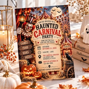 May include: A rectangular invitation card for a Haunted Carnival Party featuring a clown, a Ferris wheel, and pumpkins. The text reads: You're invited to a Haunted Carnival Party, Saturday October 31, 2026, 6:00 PM - Late, The Carnival Grounds, 123 Spooky Lane, Riverdale, FL 33139, RSVP by October 20, 123-456-7890, Costumes strongly encouraged.