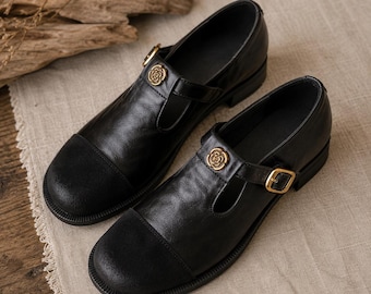 Vintage Black Genuine Leather Mary Jane Shoes, Camellia Chunky Heel Pumps, Cottagecore Round Toe Footwear, Handmade Work Party Shoes