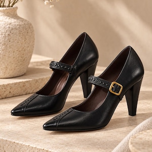 May include: A pair of black leather Mary Jane court shoes featuring a pointed toe, a high block heel, and a strap across the instep secured with a gold-toned metal buckle. The shoes have decorative stitching details along the centre of the toe and strap.