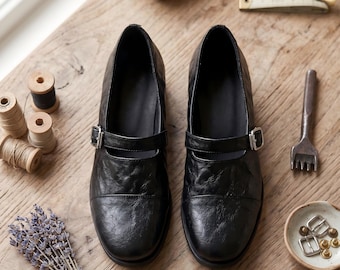 Mary Jane in pelle vintage, mocassini retrò con tacco a blocco, scarpe da lavoro in stile cottagecore, ballerine fatte a mano foderate in montone, regalo per la festa della mamma