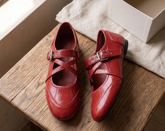 Red Sheepskin Mary Janes, Hidden Wedge Ballet Flats, Foldable Leather Shoes Women, Soft Retro Red Travel Flats, Vintage Daily Footwear