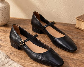 Black Sheepskin Leather Mary Jane Flats for Women, Square Toe Low Heel Buckle Strap Shoes, Pigskin Lined Work Travel Dress Flats